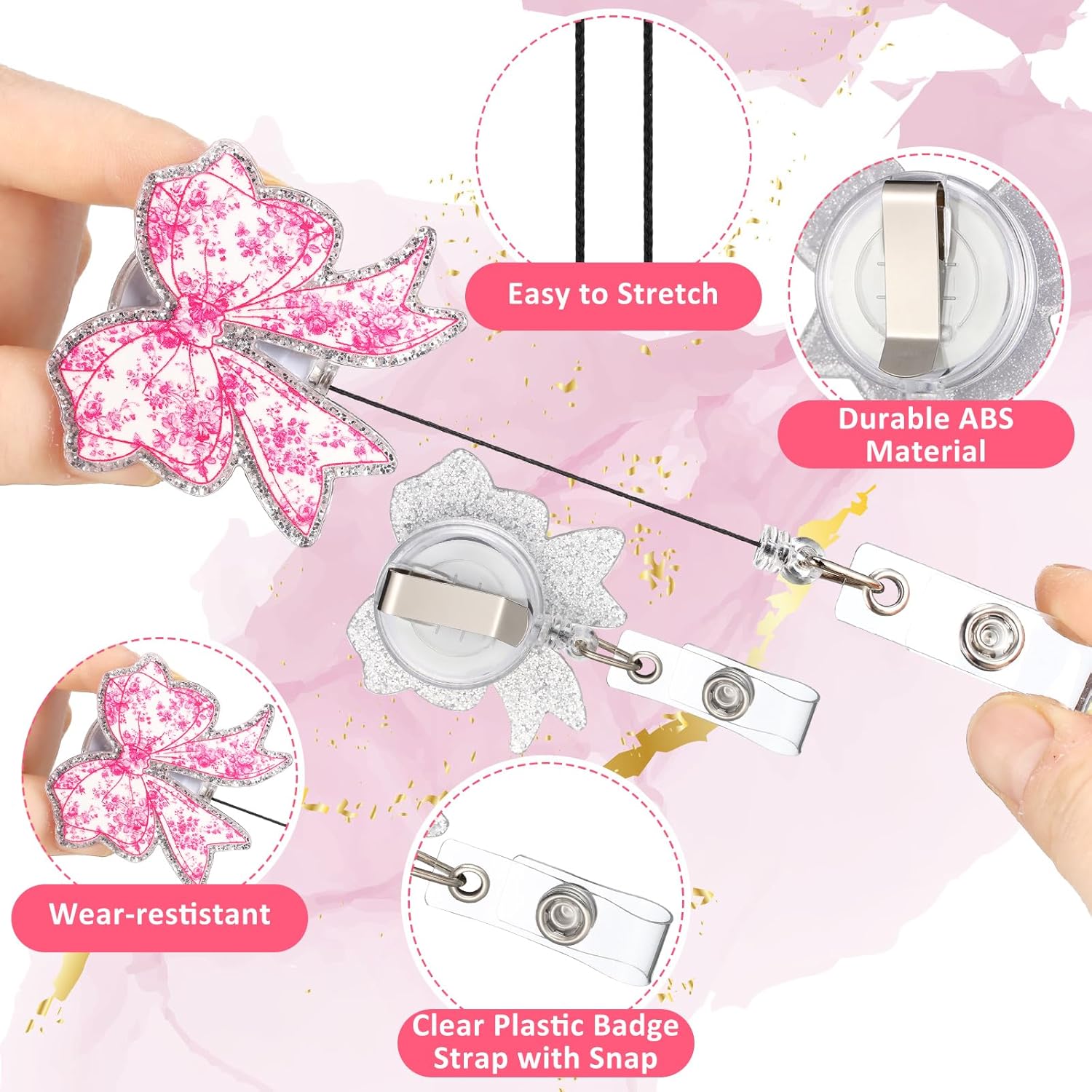 8 Pcs Coquette Pink Bow Badge Reel Retractable Badge Reel for ID Card Cute Alligator Clip Accessories for Nurse Medical Worker Office School Teacher(Bow Theme,Acrylic)